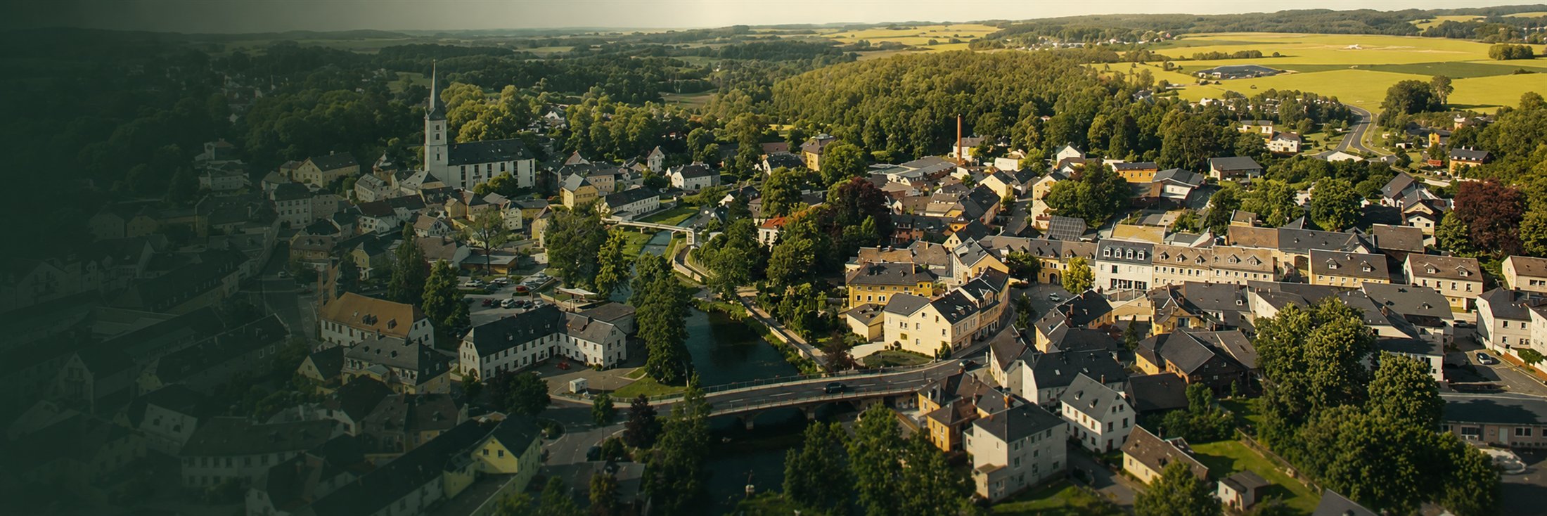 Aerial view of Schwarzenbach an der Saale and the surrounding Fichtelgebirge